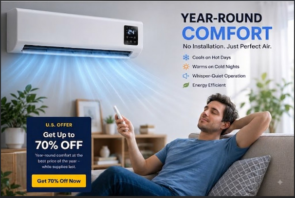 LifeGauge Breeze UK unit heating and cooling a living room with a relaxed user